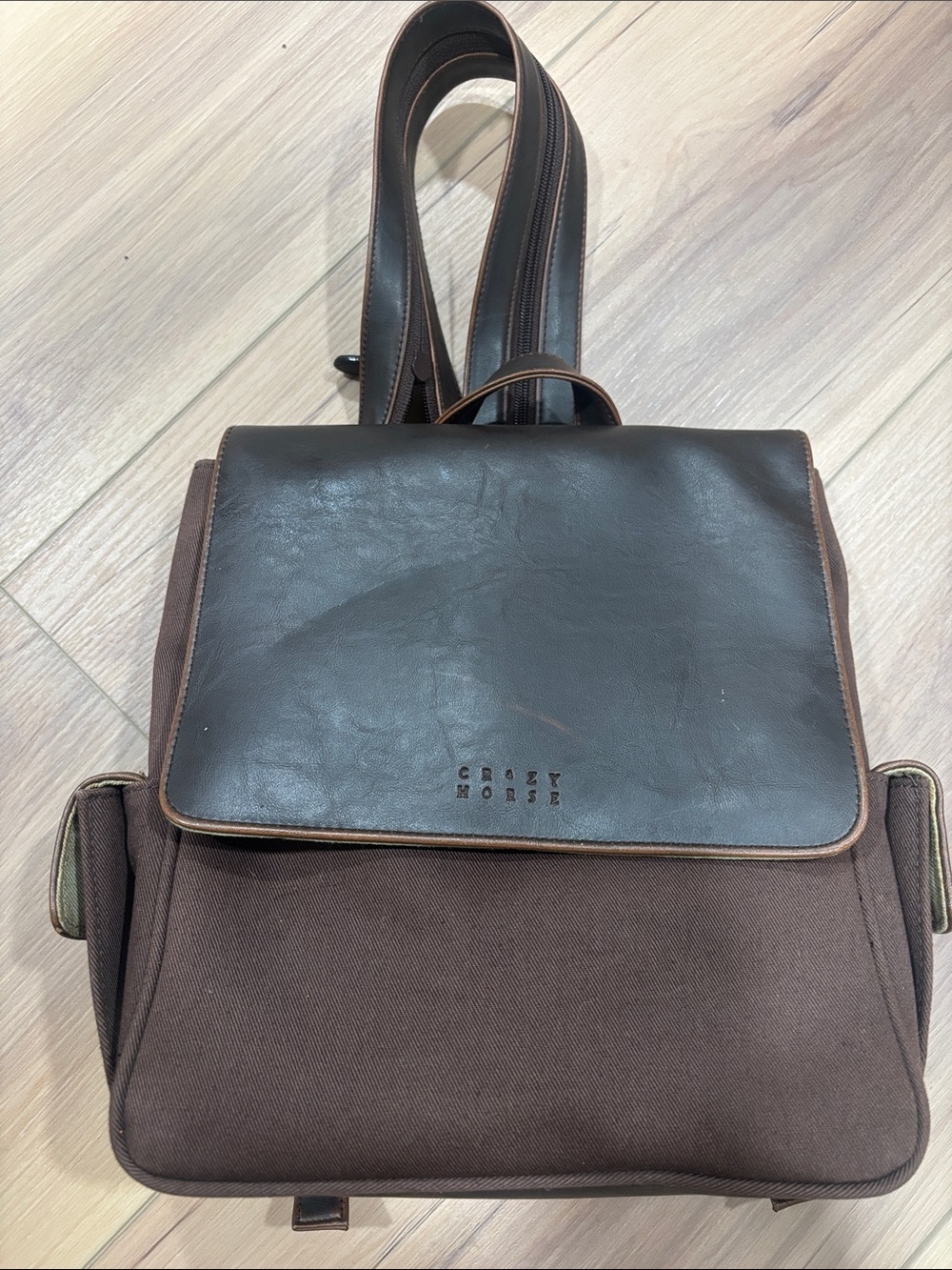 Liz Claiborne Brown Canvas Backpack with Dark Brown Leather Flap